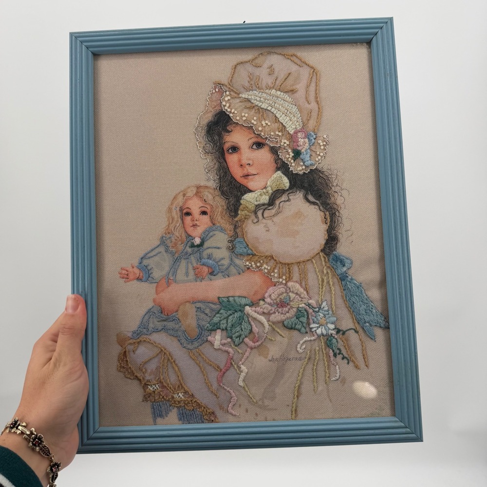Jan Hagara Framed Needlepoint Art Victorian Girl with Doll Blue Frame 11x14